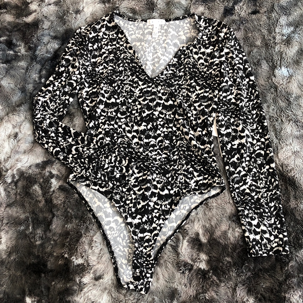 Leith Black & White Long-Sleeve One-Piece Bodysuit